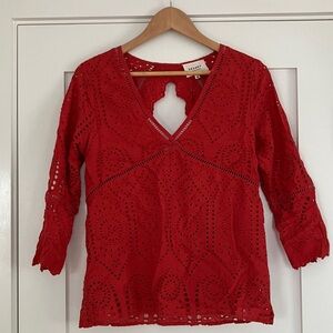 Sezane Romantic Red Embroidered Eyelet V-Neck Blouse Top size 36
